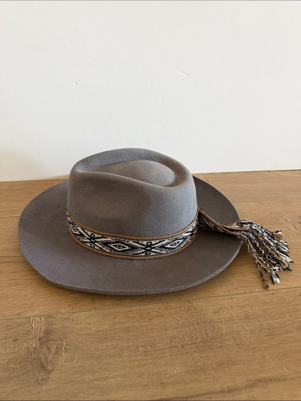 Western Woven Band Wide-Brim Felt Fedora Hat Rodeo Gray Wool Felt Size 58 Boho